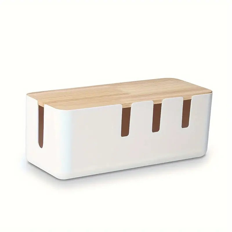 Minimalist Cable Organizer Box with Wood Lid – White