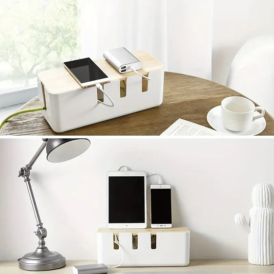 Minimalist Cable Organizer Box with Wood Lid – White
