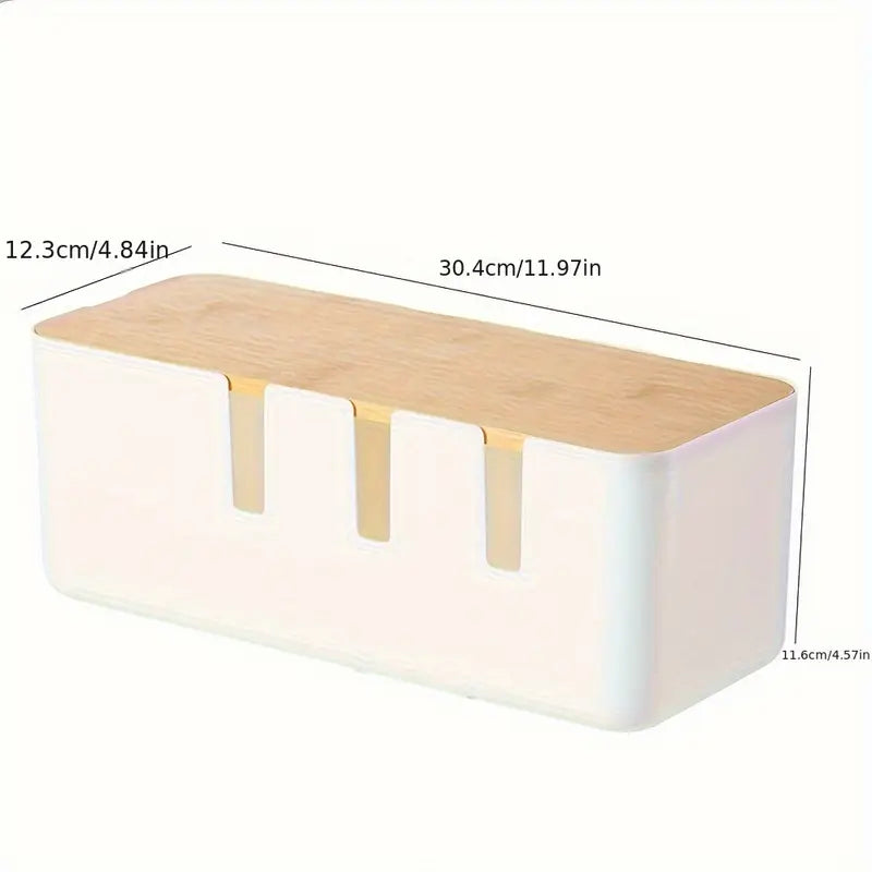 Minimalist Cable Organizer Box with Wood Lid – White