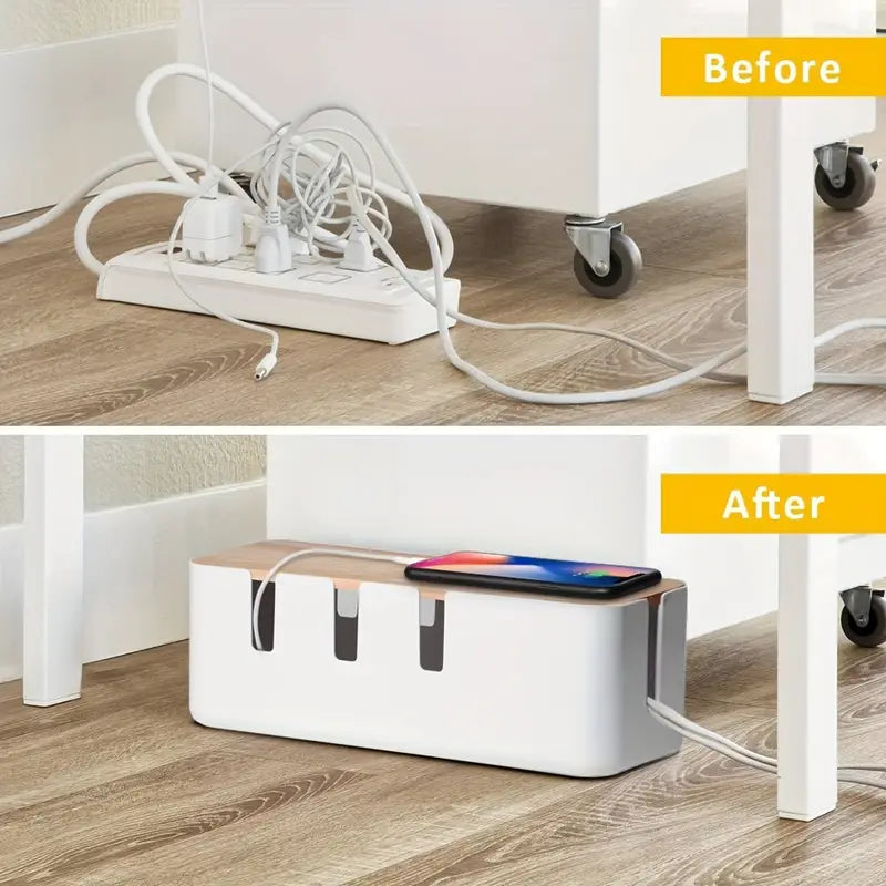 Minimalist Cable Organizer Box with Wood Lid – White